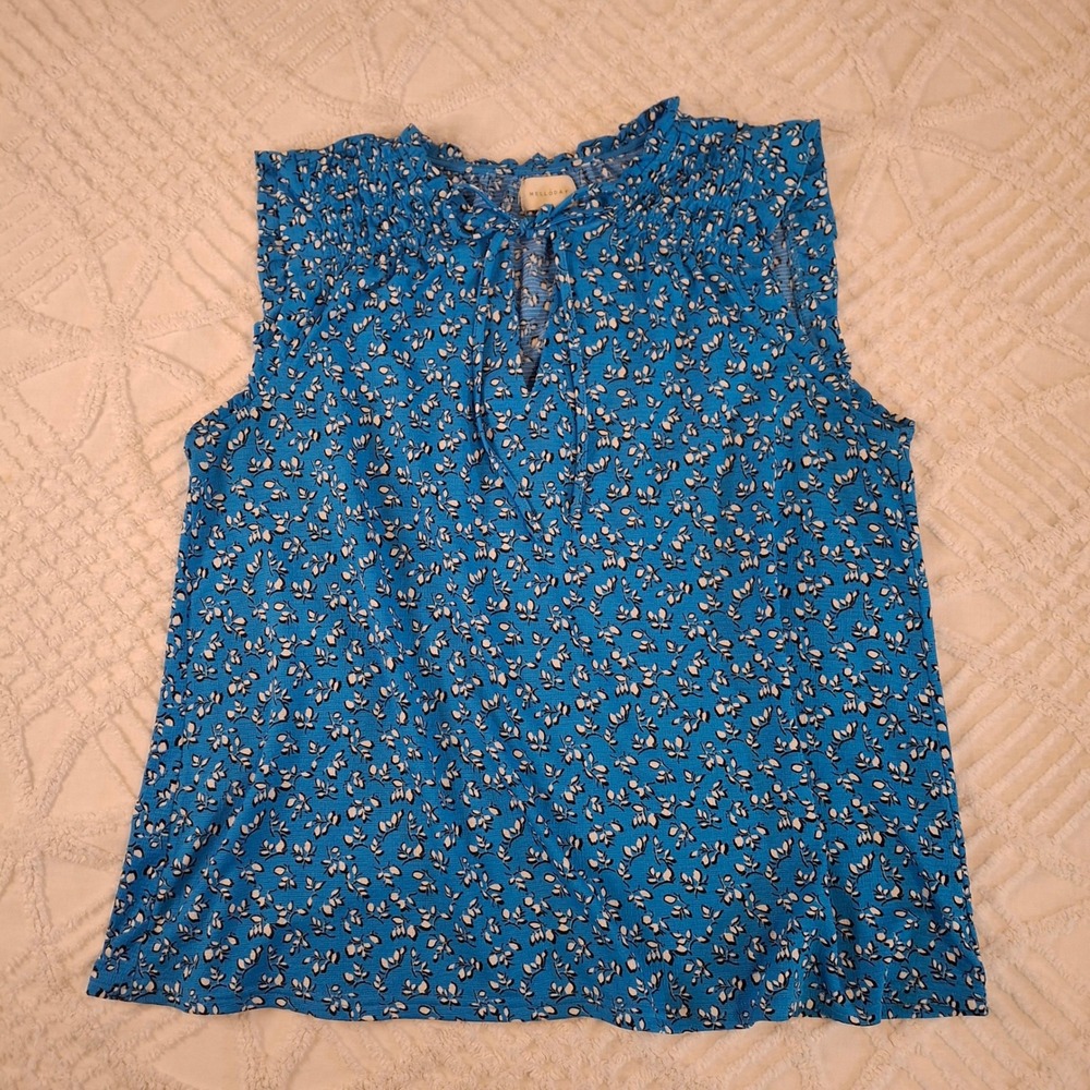 Melloday Womens Large Blue White Floral Sleeveless Bouse Smocked Tank Top